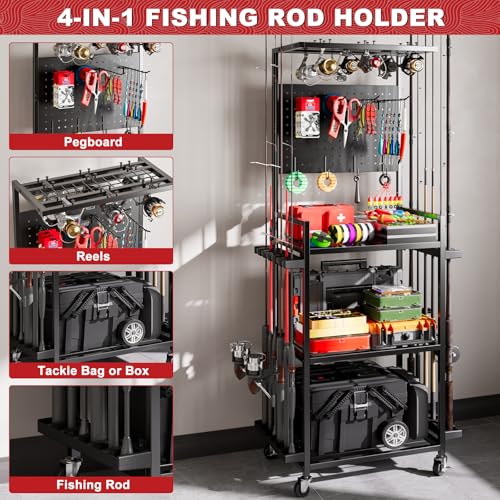 SEEAHEAD Black 12-Rod Garage Fishing Tackle Storage Cart with Wheels