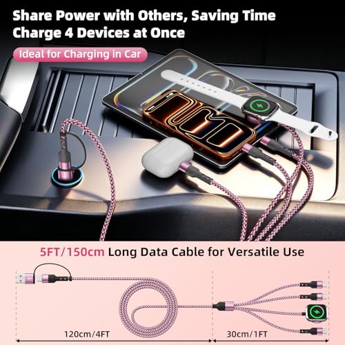 Blush Pink 5FT 3-Pack USB C Multi Charging Cables for iWatch & Phone