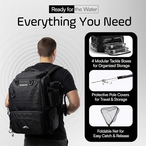 Medium Waterproof Fishing Backpack 40L with Tackle Boxes, Rod Holder & Foldable Net - Black