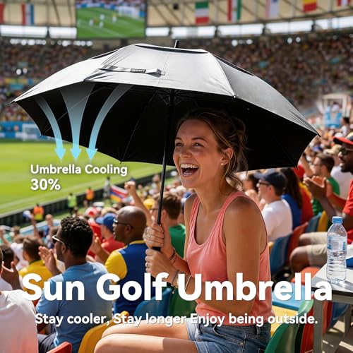 UV Protection Golf Umbrella 68 Inches Windproof Sun Shade with Double Canopy - Black & Silver