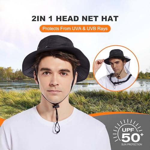Sun Protection Mosquito Head Net Hat UPF 50+ for Men Women 7 1/2 Black