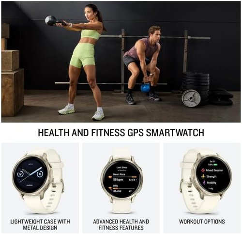 Garmin Venu 4 GPS Smartwatch - 41mm AMOLED Display, Built-In Flashlight, Lunar Gold & Bone Silicone Band | Wearable4U White Earbuds Bundle