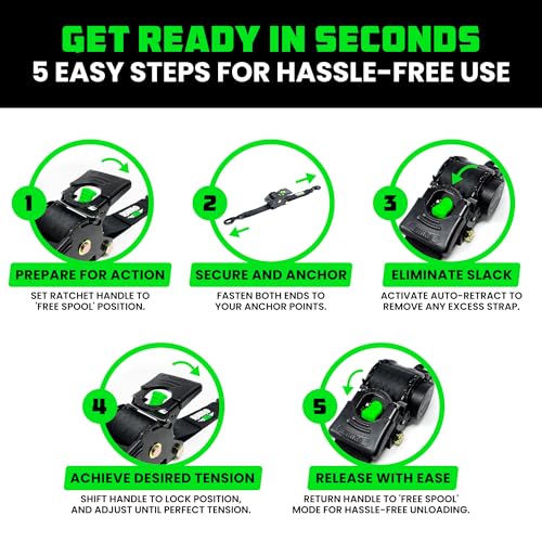 Rhino USA Retractable Ratchet Straps 2-Pack - 2in x 10ft, 3,033lb, Black