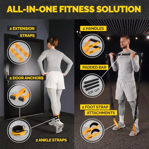Yellow & Black Resistance Bands Set with Handles, Bar, Ankle & Door Anchor - 180LB