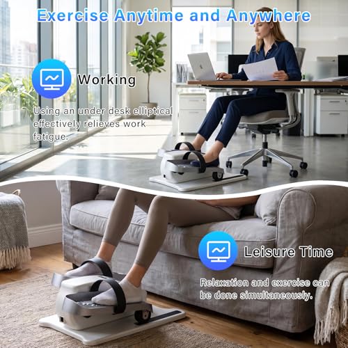 White Under Desk Elliptical Machine with Remote - Quiet Portable Leg Exerciser for Seniors & Home Office