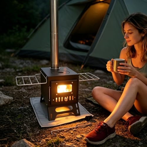 Steladomus Portable Camping Wood Stove with Fire Mat & Chimney Pipes – Compact Tent Heater Kit for Backpacking, RV, Ice Fishing