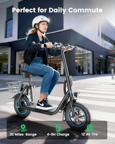 Awwscooter Electric Scooter with Seat & Basket - Classic Black, 20-Mile Range