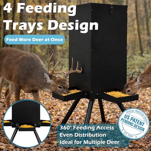 Heavy-Duty Galvanized Deer Feeder 60-70 lbs Weatherproof with 4 Feeding Trays - Black