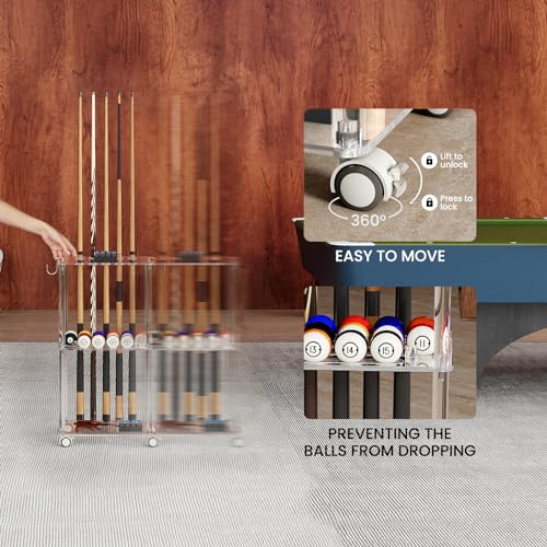 Clear Pool Cue Rack with Casters for 10 Cues & 16 Balls - Portable Billiard Stand