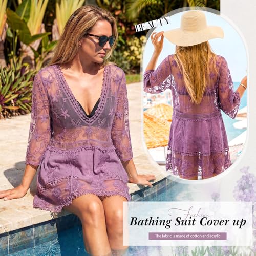 Purple Cuffbow Boho Lace V-Neck Bathing Suit Cover Up for Women