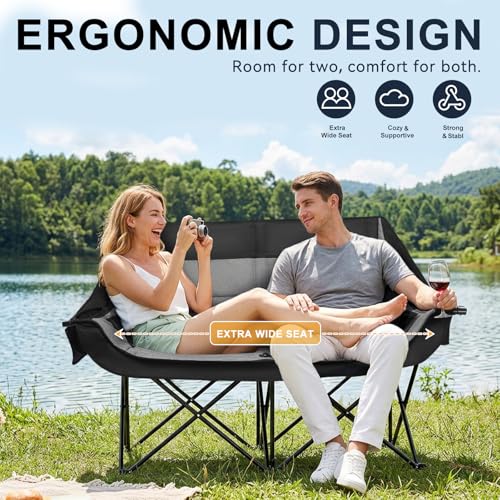 Heavy Duty 2-Person Camping Loveseat Chair - Grey, Non-Heating, 800LBS Support