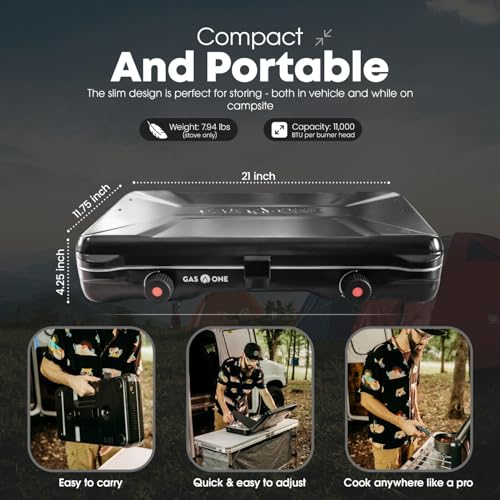 GasOne PS-2500MBA Portable Camping Stove - Double Propane Cooktop with Auto Ignition - Midnight Blue