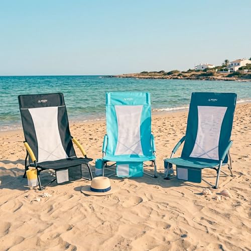 ARURU Black 2 Pack Folding Low-Back Beach Chairs with Cup Holders - Lightweight Portable Camping Chairs for Outdoors