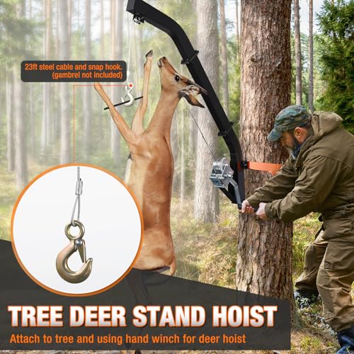 Heavy Duty Tree Mounted Deer Hoist with Winch & 23ft Steel Cable - Game Skinning & Field Dressing Equipment