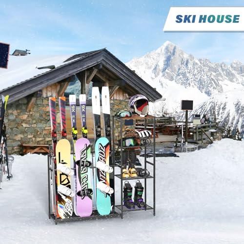 Freestanding Ski & Snowboard Rack - Holds 4 Skis, 3 Snowboards Gear Storage
