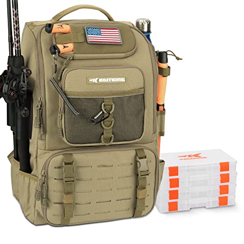 Large 40L Water-Resistant Fishing Tackle Backpack with Rod Holder and 4 Boxes - Khaki