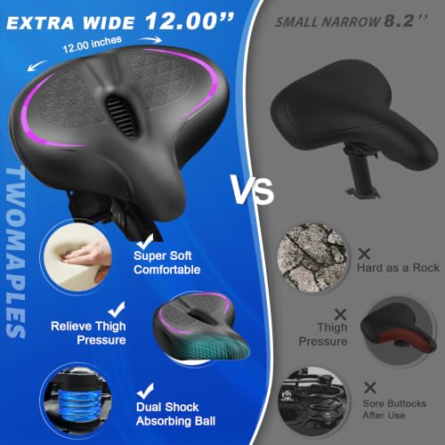 Twomaples Violet Purple Wide Comfort Bicycle Seat for Women Men - Oversized Saddle for Peloton, Exercise, Mountain & E-Bikes