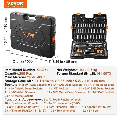VEVOR Mechanics Tool Set, 205 Pcs SAE and Metric Sockets, 1/4" 3/8"