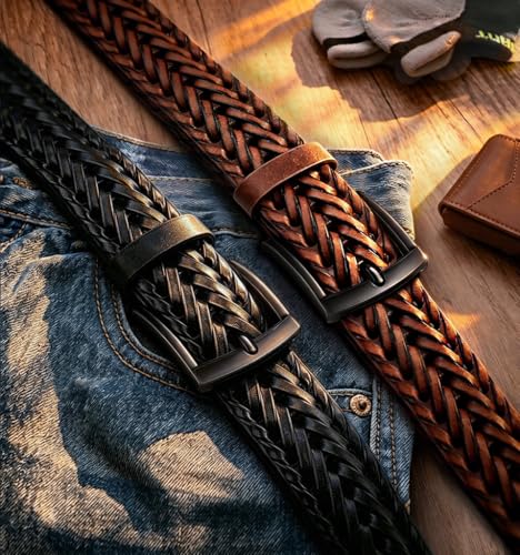 Men's Braided Leather Belt 2 Pack - 1 3/8 Inch Wide, Adjustable Waist, Gift Boxed, Black & Light Brown