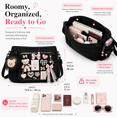 Inshere Ita Bag Crossbody Messenger Bag with Clear Coin Bag, Pins & Plush Charm - Black M