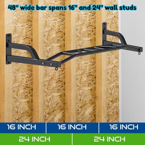 SELEWARE 48" Heavy Duty Wall Mount Pull Up Bar with Hangers - Black Variant B