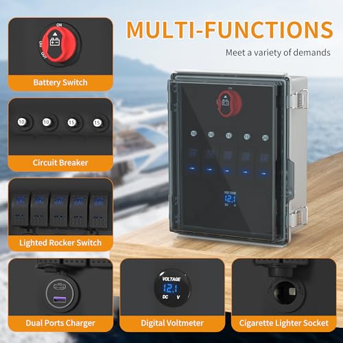 Joinfworld Waterproof 12V 5-Gang Rocker Switch Panel with USB & Volt Meter