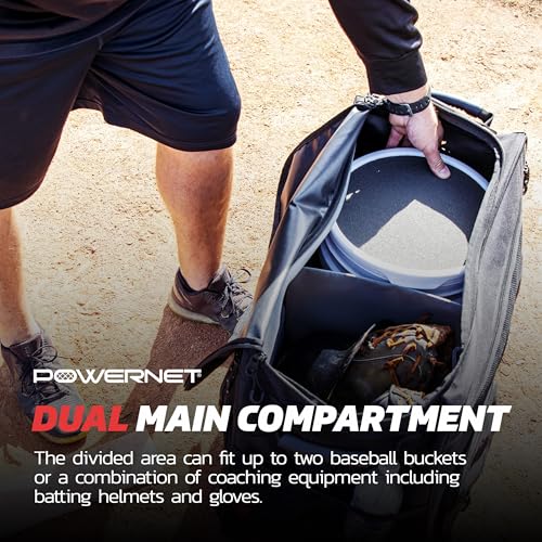 PowerNet Standard Baseball Bucket Bag with Wheels & Multiple Pockets — Holds 2 Buckets & Fits Launch F-Lite Pitching Machine