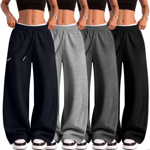 Women's Wide Leg Baggy Sweatpants with Pockets - Medium Navy Blue Gray Black