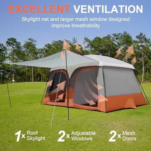 Vidalido Orange Family Camping Tent with Extended Vestibule, Waterproof & Breathable Mesh Windows