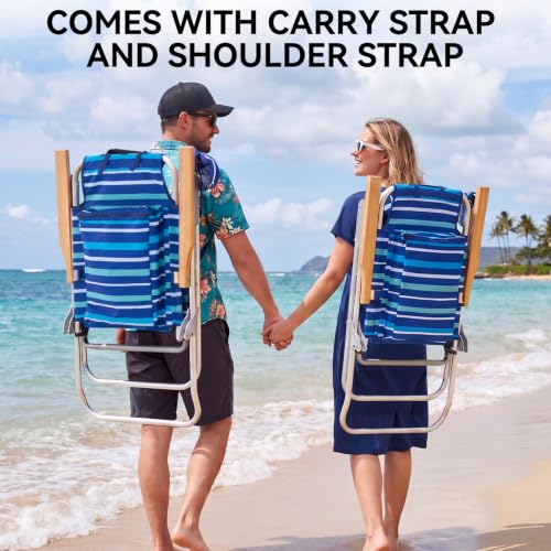 17-Inch Tall Blue Striped Beach Chair with Canopy Shade, Supports 350 lbs