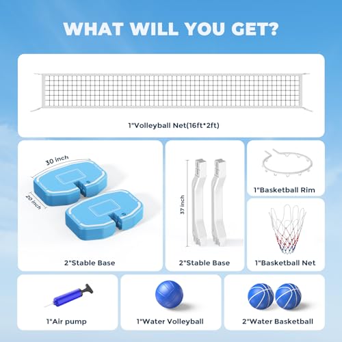 Pool Volleyball & Basketball Set - White-Blue 2-in-1 Inground Pool Game