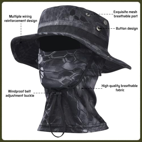 Camo Boonie Sun Hat with Balaclava Face Mask - Outdoor Fishing Hat - Black
