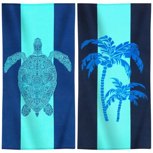 Oversized Beach Towel Set 36x72 Navy Turtle Palm Tree 2 Pack - Soft Travel Essentials