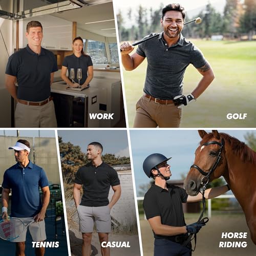 BOOJO 5 Pack Men's Polo Shirts - Quick Dry Moisture-Wicking Golf & Athletic Short Sleeve Tops - Variation: Black, Grey, Navy, Blue, Wine, Purple Large