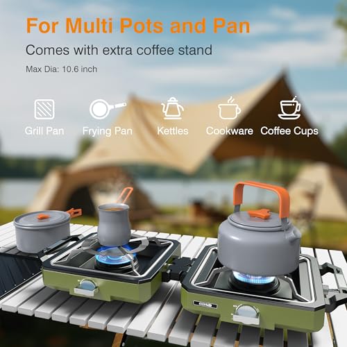 ODSD Green 2 Burner Camping Stove with Windshield & Accessories, Portable Propane Gas Cooker