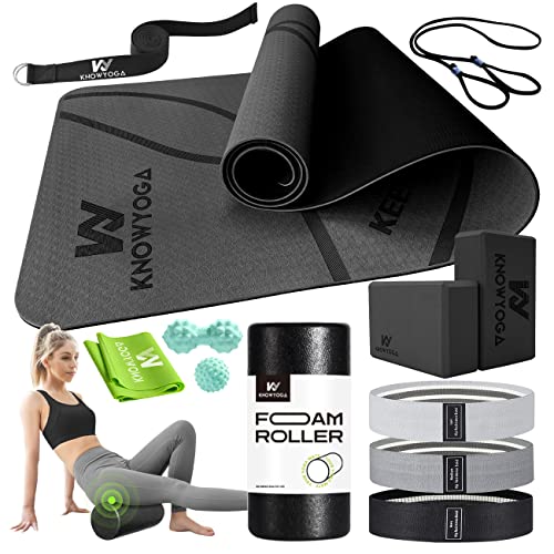 KNOWYOGA 12-in-1 Black Yoga Starter Kit with Mat, Blocks, Resistance Bands & Foam Roller