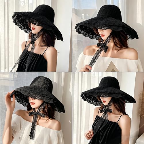 Women Lace Beach Sun Hat - Black, Foldable Wide Brim Fishermen Cap for Outdoor Travel