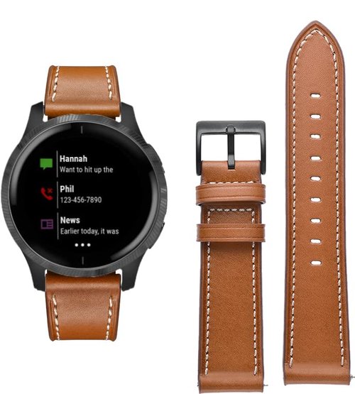 GARTOO Leather Band for Garmin Venu/Venu Sq/Vivoactive 3 Watch Bands, 20mm Leather Wristband Replacement Strap Women Men for Garmin Venu Sq, Vivoactive 3 Music, Forerunner 645/245 Music Brown