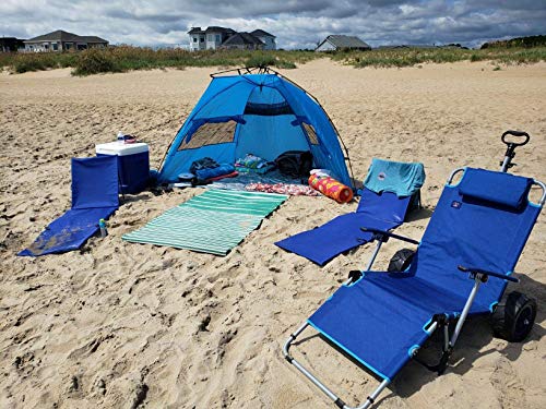 Blue Foldable Beach Lounge Chair with Wagon & All-Terrain Wheels - 2-in-1 Portable Seat & Cargo Cart