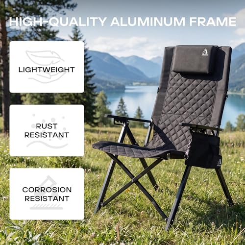 ARURU Black Aluminum Reclining Camping Chair with Adjustable High Back, Foldable Outdoor Lounge Seat for Adults