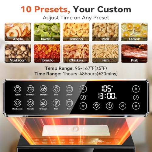 Manastin Food Dehydrator with 10 Stainless Steel Trays - Black, 10 Presets
