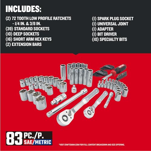 New CRAFTSMAN 83-Piece Mechanics Tool Set with Low-Profile Ratchets SAE/Metric