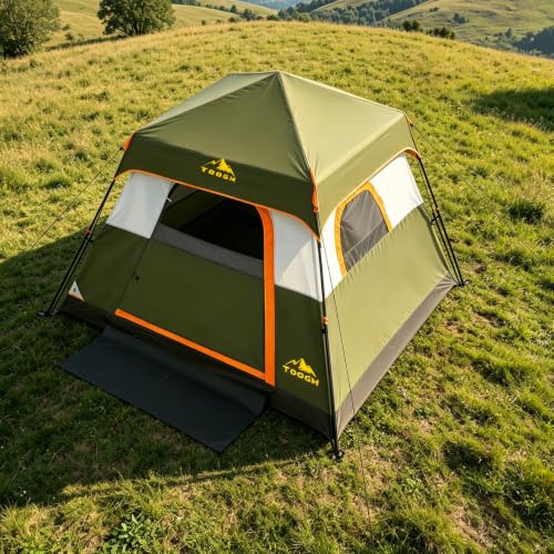 4 Person Army Green Camping Tent with Instant Setup, Waterproof, 8x8 ft, 1 Door & 4 Windows
