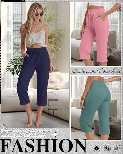 Neer Women's Capri Pants with Pockets - 4 Pack, Dark Blue, Gray Green, Pink, Gray, Large