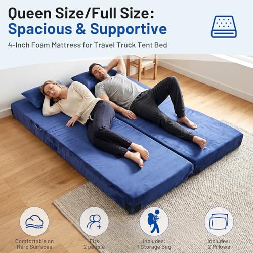 Navy Blue 4-Inch Memory Foam Camping Mattress with Pillow - Small Single 72x24x4"