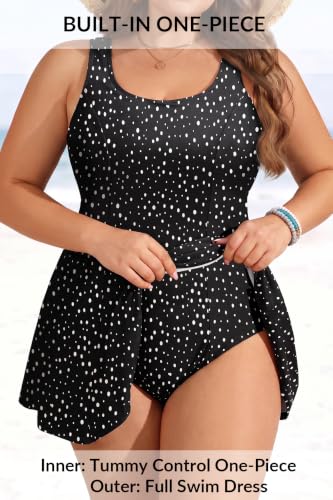 Plus Size Swim Dress Tummy Control One Piece Modest Bathing Suit for Women - 18 Plus Black Dot