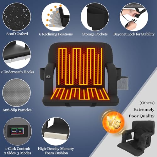 Seeutek Black Heated Stadium Seat with Back Support, 21-Inch, 2-Pack, Portable & Foldable
