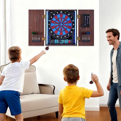 Electronic Dart Board with Wooden Cabinet, 45 Games, LED Score & Voice Prompts