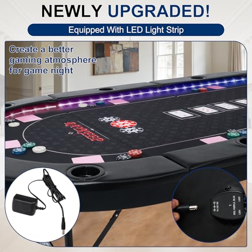 84-Inch Foldable LED Poker Table for 10 Players - Black-Led Variation