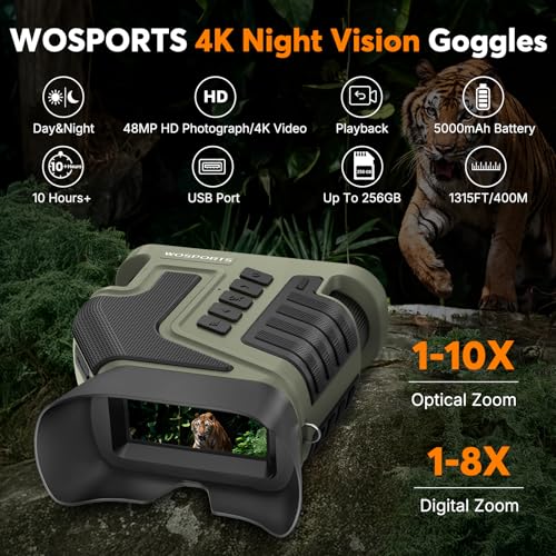 Night Vision Goggles for Adults 4K HD Video Camera with 10X Optical Zoom - Army Green / No Helmet
